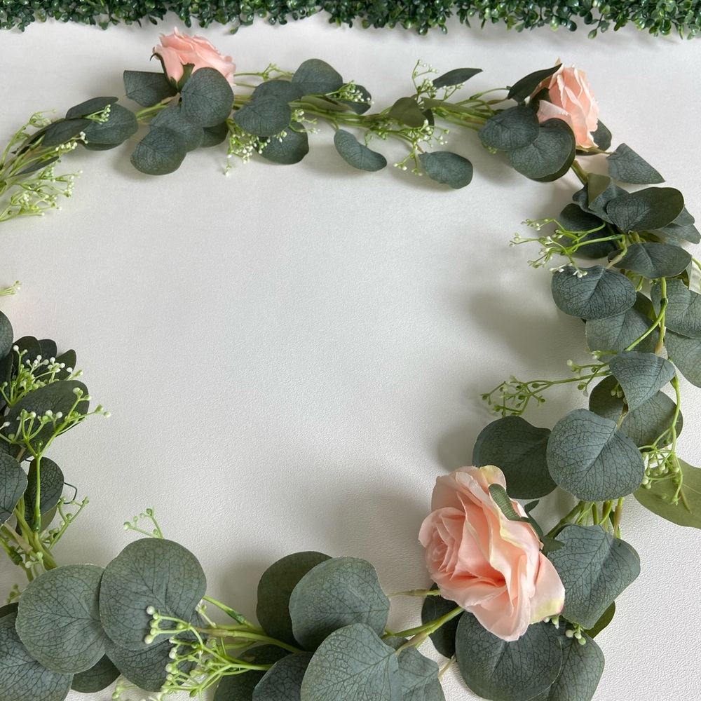 4 count Silver Dollar Eucalyptus Garlands w/ Silk Peach Pink Roses Flower Buds